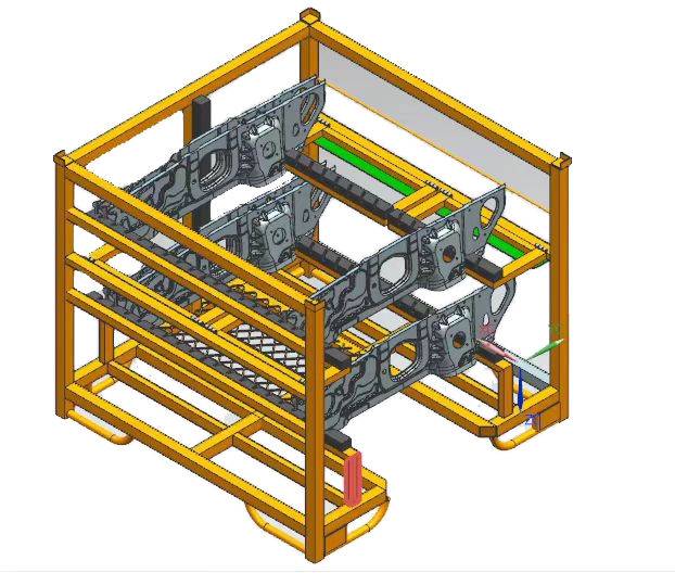 Os racks revestidos de pano armazenam componentes para acesso direto na fábrica.