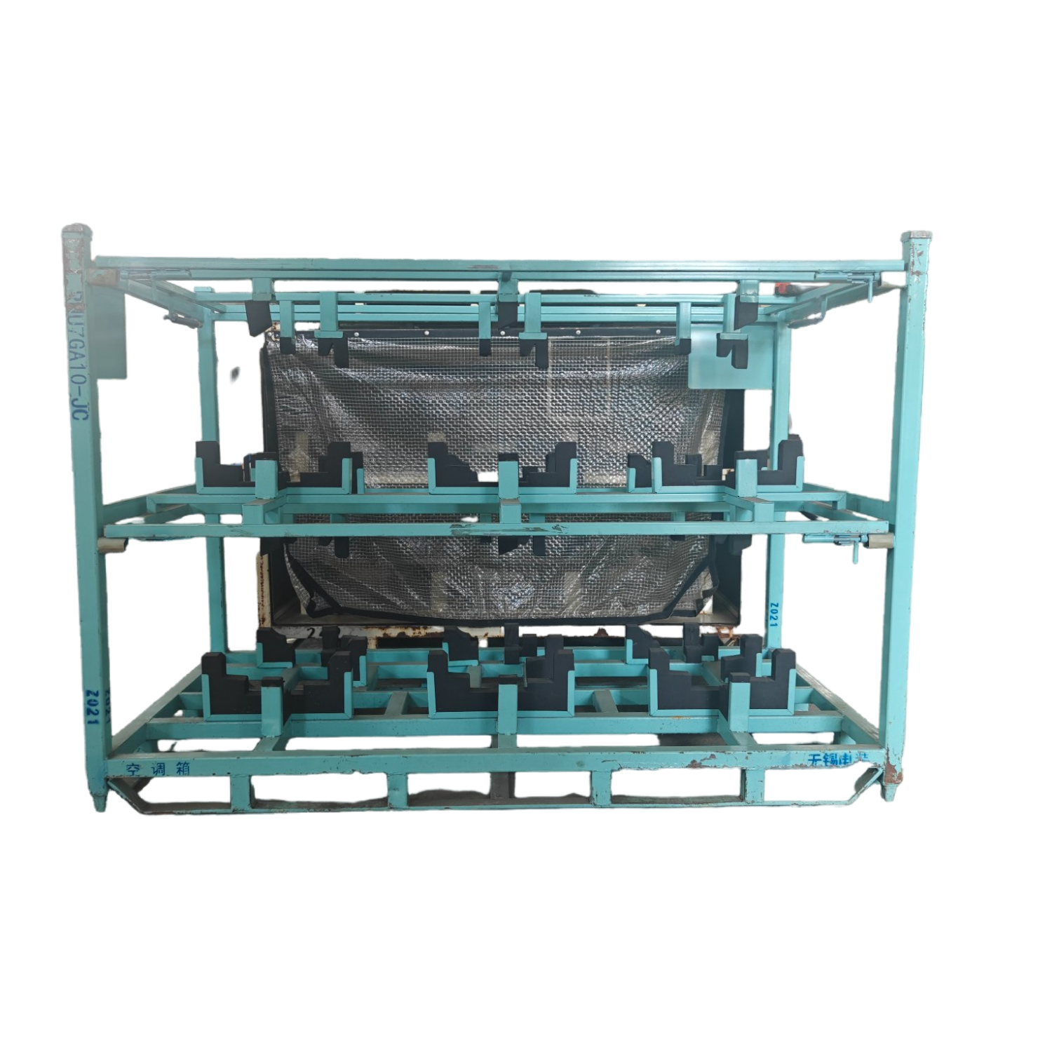 O rack dobrável e empilhável azul é para embalagens de pneus de carro.